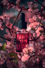 Floral Essence: A Bottle of Pink Serum Amidst Blooming Cherry Blossoms