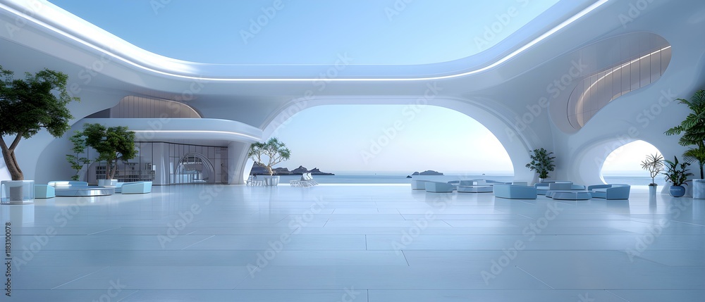 Poster modern architectural design of a spacious indoor area featuring large windows and minimalistic furni