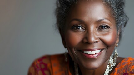 A woman smiling warmly, eyes glowing with kindness, standing against a soft gray background