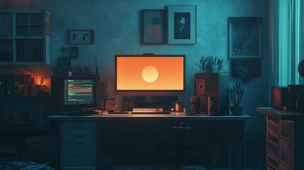 a wide room with desk ( 1 monitor ), objects related to communication