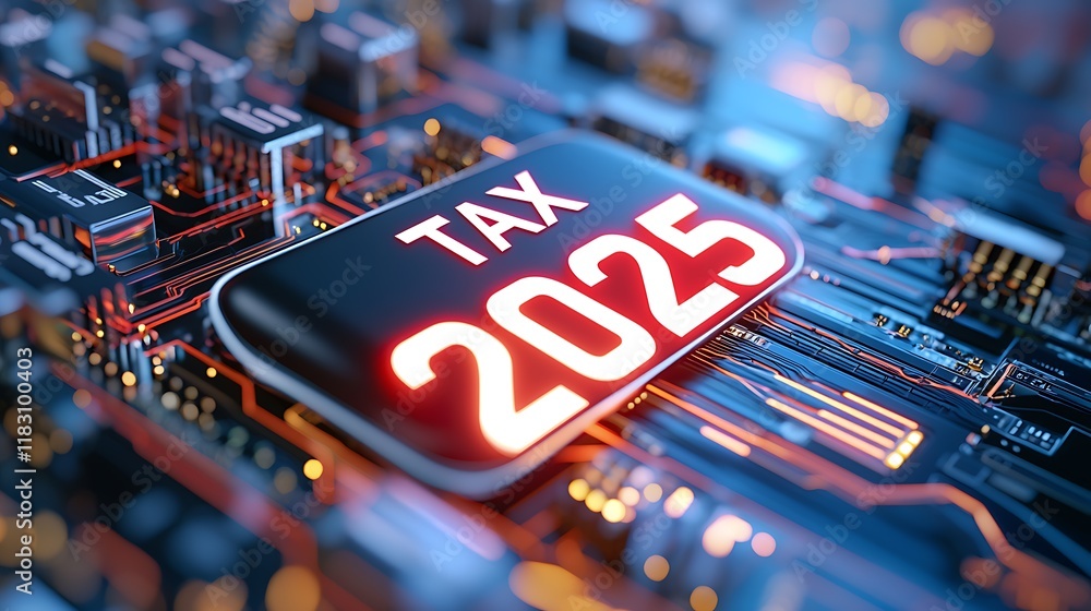 Poster futuristic and digital tech interface with metallic tax 2025 glow abstract circuit board background 