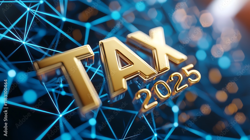 Poster a 3d rendering of metallic golden tax 2025 text suspended in a vibrant futuristic digital art backgr
