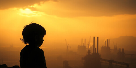 Fototapeta premium Child Standing In From Of A Bleak Industrial Landscape At Sunset.