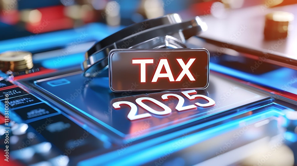Poster glowing futuristic metallic framework with tax 2025 text representing the concept of finance busines