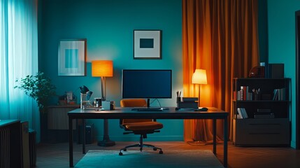a wide room with desk ( 1 monitor ), objects related to communication