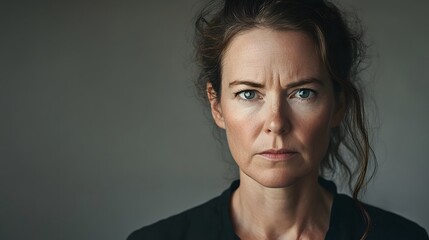 A woman with a serious expression, eyes sharp and body posture tense, set against a muted gray backdrop