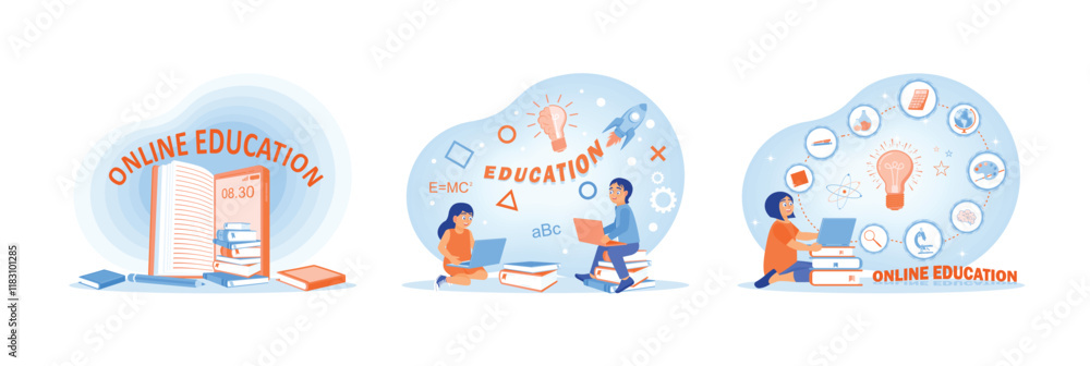 Wall mural Online education concept with students and digital learning elements illustrated.