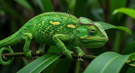 Fototapeta premium Green Chameleon on Branch Tropical Reptile Wildlife Photography