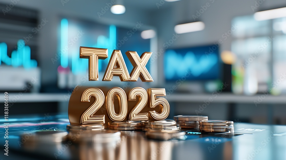 Poster dynamic finance visualization with tax 2025 text in a modern colorful digital background conceptual 