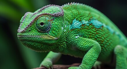 Obraz premium Vivid Green Chameleon Close Up Reptile Wildlife Nature Exotic Tropical Animal Scales Skin Detail