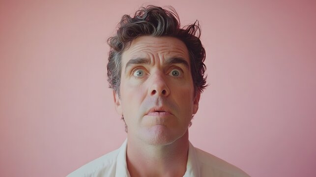 A man with a concerned look, eyebrows furrowed and mouth slightly open, standing against a soft pink backdrop