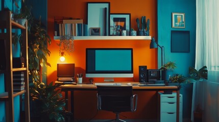 a wide room with desk ( 1 monitor ), objects related to communication