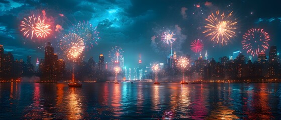 Spectacular Night Sky Over City Skyline with Colorful Fireworks Display Reflected on Water