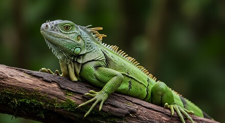 Obraz premium Green Iguana Lizard on Mossy Branch Reptile Wildlife Photography