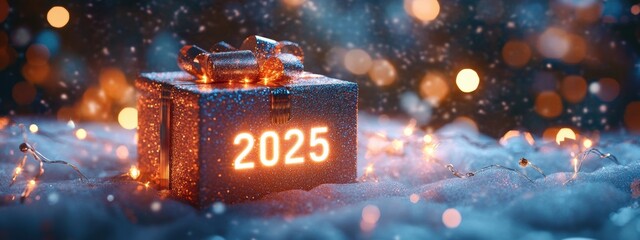 Sparkling 2025 Gift Box on Snow Festive New Year s Eve Celebration