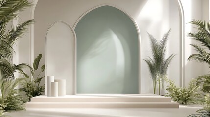 Fototapeta premium Minimalist Archway Setting With Plants and Platforms