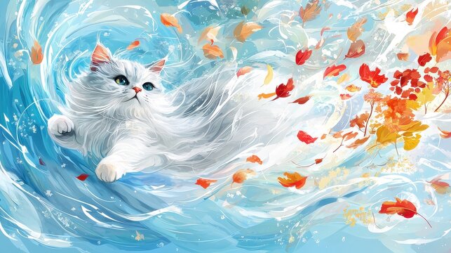 Highlighter Persian Cat in Dynamic Pose with Abstract Shapes and Biodynamic Farming Elements