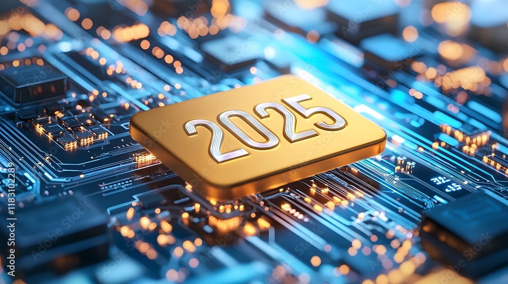 Poster futuristic circuit board with floating golden 2025 tax text surrounded by glowing digital lights and