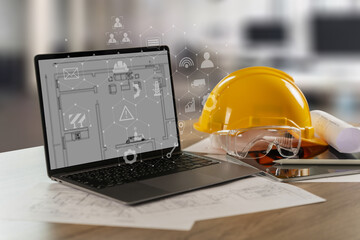 Engineer architect industry 4.0 using computer construction site, industrial and innovation...