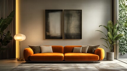 Modern living room with orange sofa, artwork, and plants.