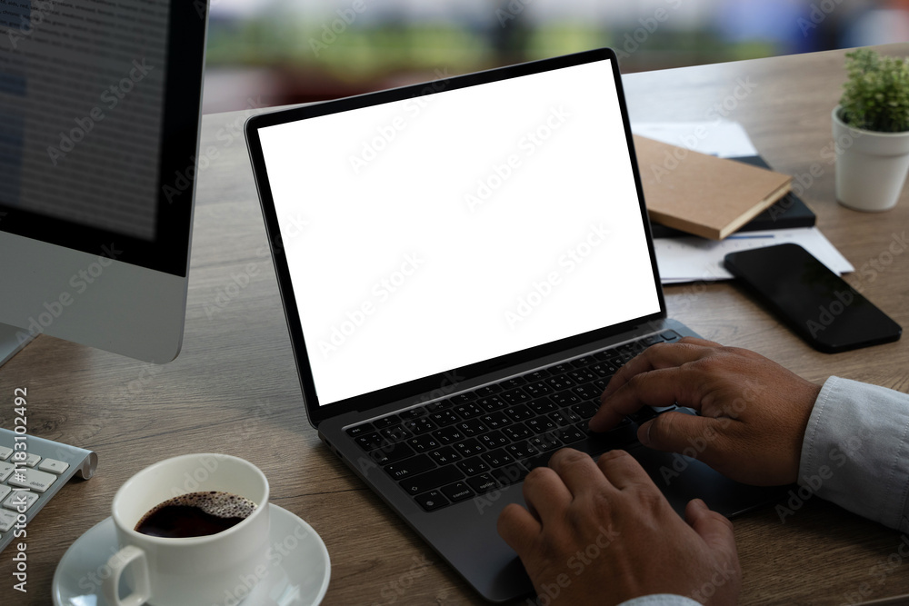 Poster man working businessman using a desktop computer of the blank screen with hands