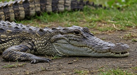 Fototapeta premium Close up of a Crocodile Resting on Ground Reptile Wildlife Animal