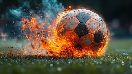 Fototapeta premium Fiery soccer ball rolling on grass.