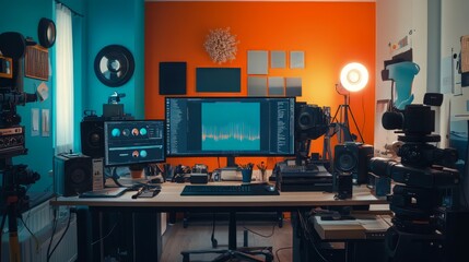 a wide room with desk ( 1 monitor ), objects related to communication