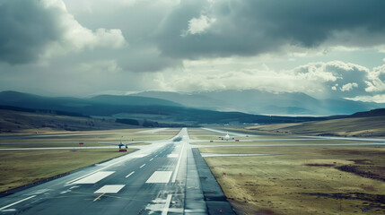 Aerial View of an Empty Airport Runway with a Single Airplane Parked Under Cloudy Skies, Symbolizing Flight Cancellation, Featuring Shallow Depth of Field