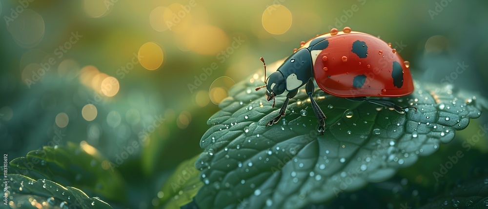 Aufkleber close-up of a vibrant red ladybug perched on dew-covered green leaves in a lush garden setting with 