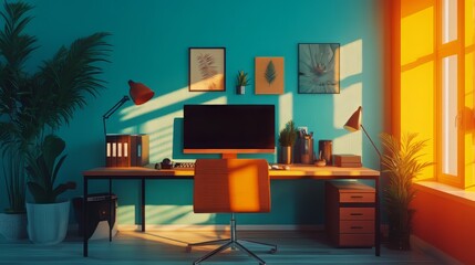 a wide room with desk ( 1 monitor ), objects related to communication