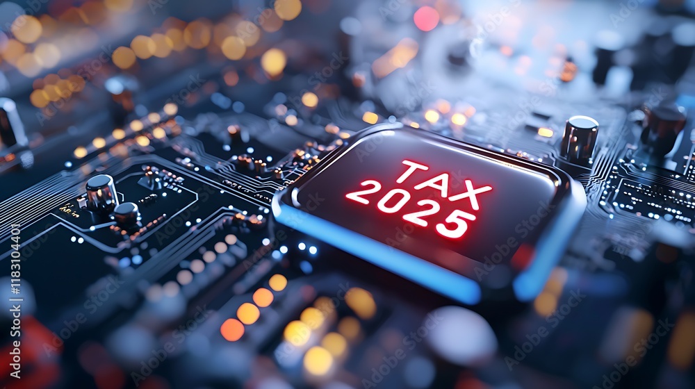 Poster glowing digital grid with bold metallic tax themed graphics against a dynamic futuristic tech backgr