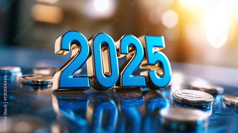 Poster shimmering metallic 3d text reading 2025 tax set against a neon blue digital grid backdrop creating 