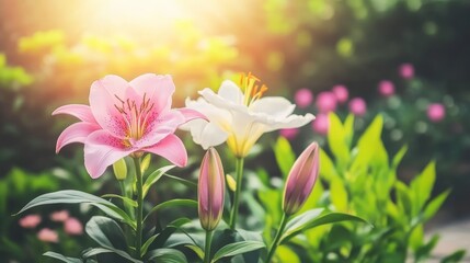 Fototapeta premium Sunlit Lilies in Vibrant Garden Bloom