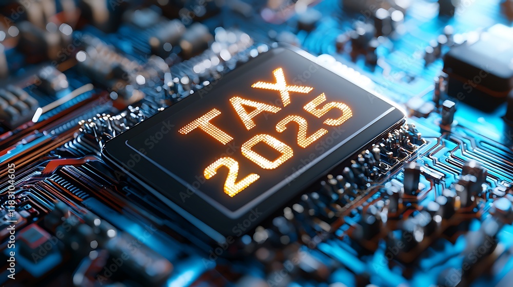 Poster futuristic holographic matrix with a glowing golden tax visualization representing the intersection 