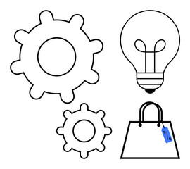 Gears symbolize industry, light bulb signifies innovation, and shopping bag with tag represents commerce. Ideal for business ideas, mechanical processes, retail, creativity, problem-solving