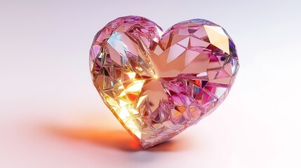 3D crystal heart with intricate light refractions, isolated on white.