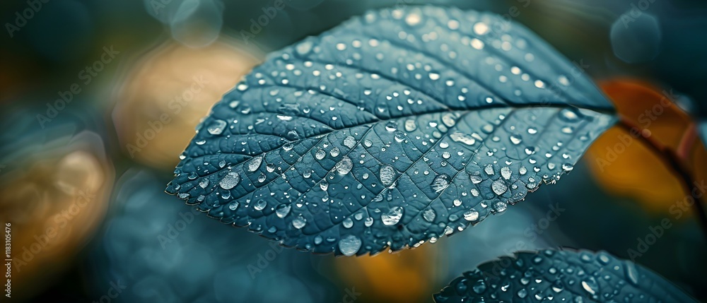 Poster close-up view of raindrops on a green leaf with a bokeh background in soft natural light