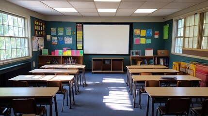 Empty elementary school classroom with desks, projector, and colorful decorations.