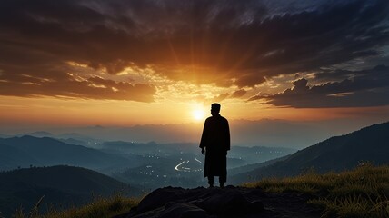 Obraz premium Silhouette of a human pray to the Allah on hill