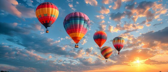 Fototapeta premium Vibrant Hot Air Balloons Floating Against a Stunning Sunset Sky with Colorful Clouds