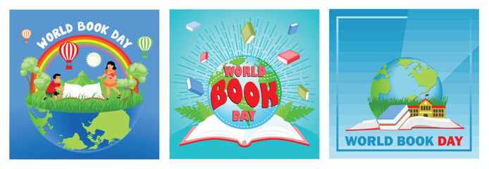 World Book Day celebration illustrations featuring education themes and vibrant designs.