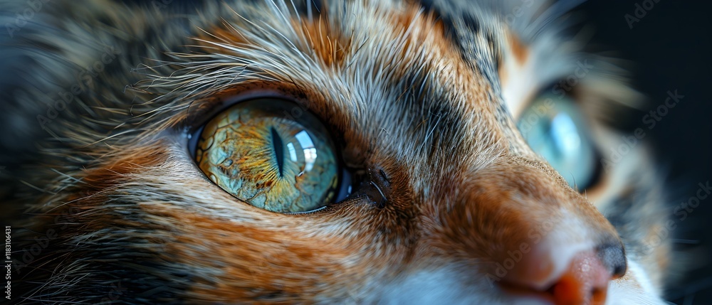 Poster close-up view of a cat's eye featuring striking colors and intricate patterns in the iris and surrou