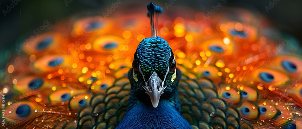 Poster vibrant close-up of a peacock displaying its colorful feathers in a natural habitat setting