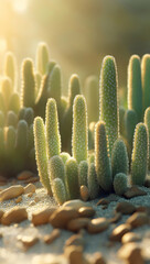 Golden Hour Cactus Garden: A serene sunset illuminates a cluster of delicate cacti nestled amongst smooth stones, creating a tranquil desert scene.