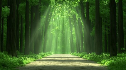 Fototapeta premium Sunlit Path Through Lush Green Forest Canopy