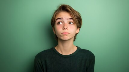 A young person looking confused, head tilted slightly, eyes scanning, against a soft green background