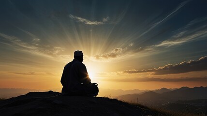 Silhouette of a human pray to the Allah on hill