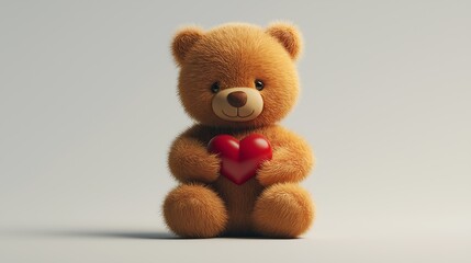 Obraz premium 3D teddy bear holding a heart, sitting on a white background.
