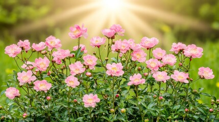 Obraz premium Sunlit Pink Peonies in a Lush Green Garden